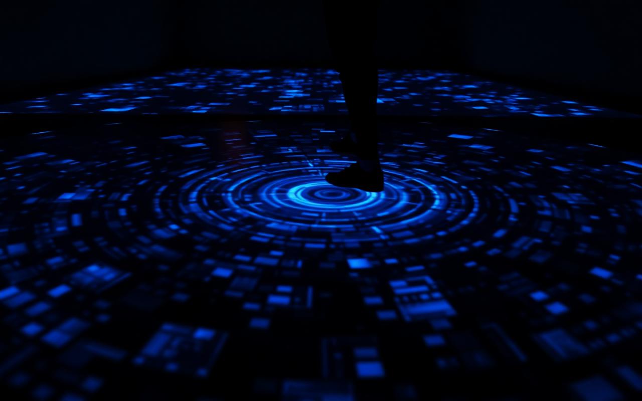 Interactive projection floor reacting to a visitor