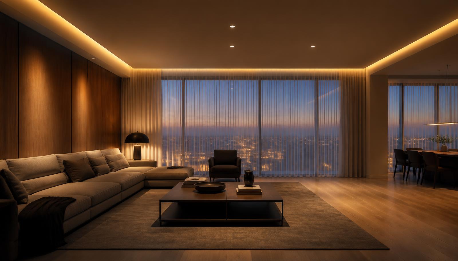 The same space under automated lighting, shading and climate