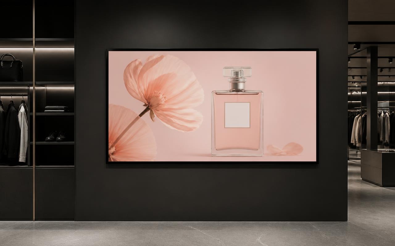 Conventional flat digital signage advertisement in a boutique