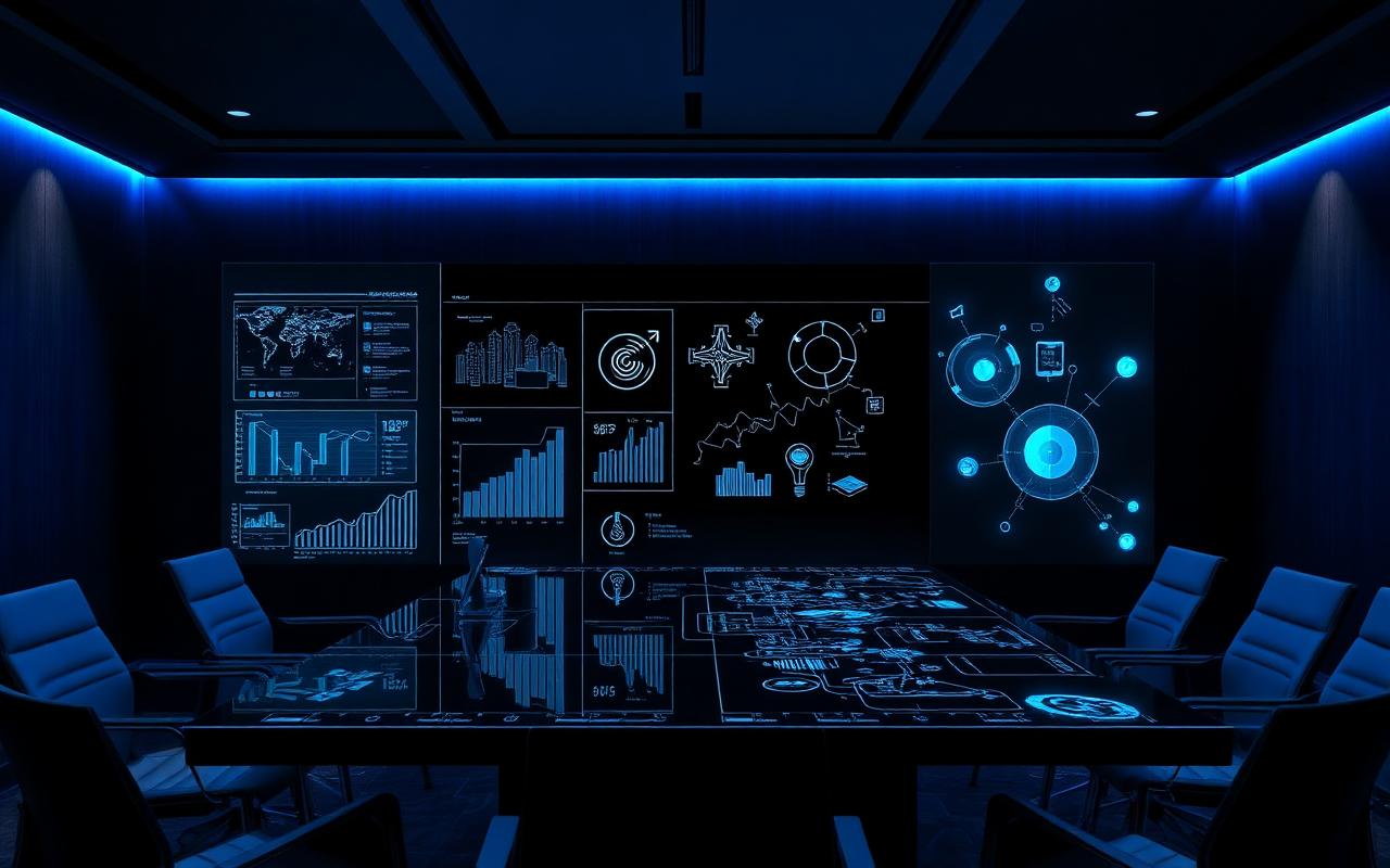 An interactive display showing digital content and annotations in a dark modern meeting room