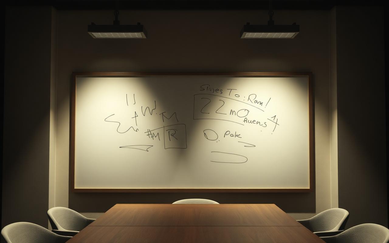 A traditional dry-erase whiteboard with marker notes in a plain meeting room