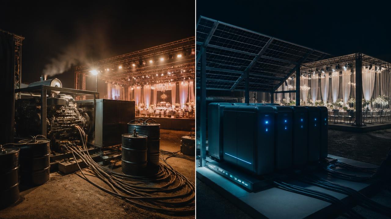 Split scene: a noisy diesel generator area on one side and a silent Photon powered technical position on the other