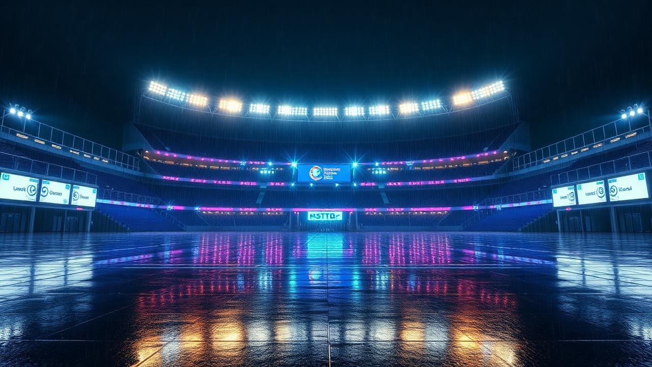 Night stadium in the rain with glowing LED