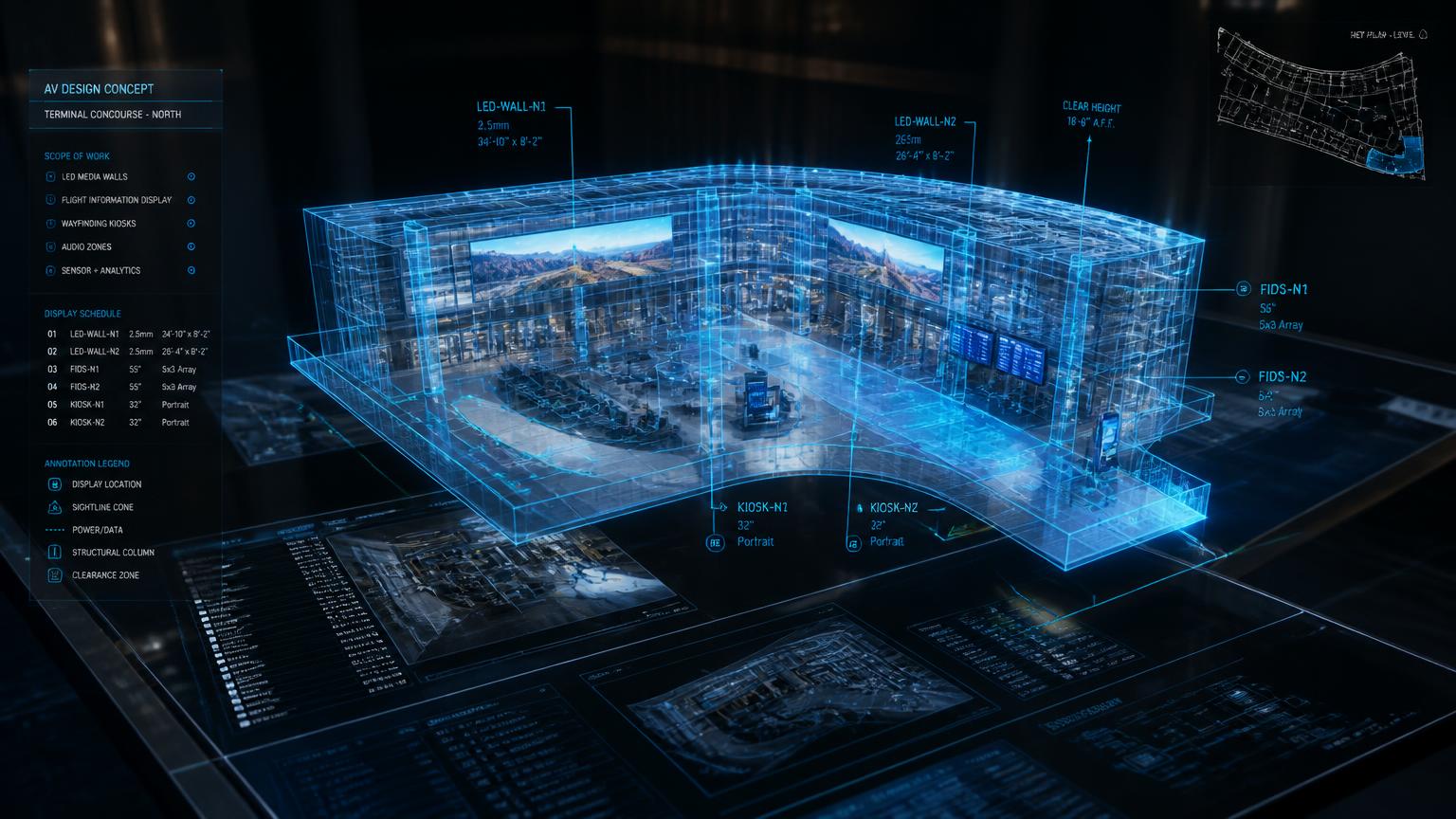 Holographic 3D design concept of an airport terminal display estate