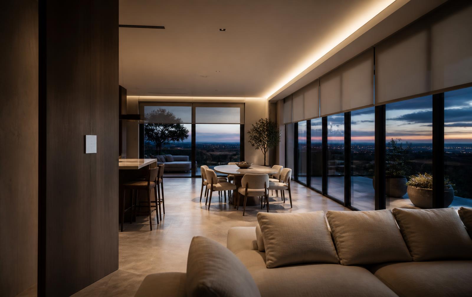 Modern residential interior at dusk with integrated lighting, shading and wall controls