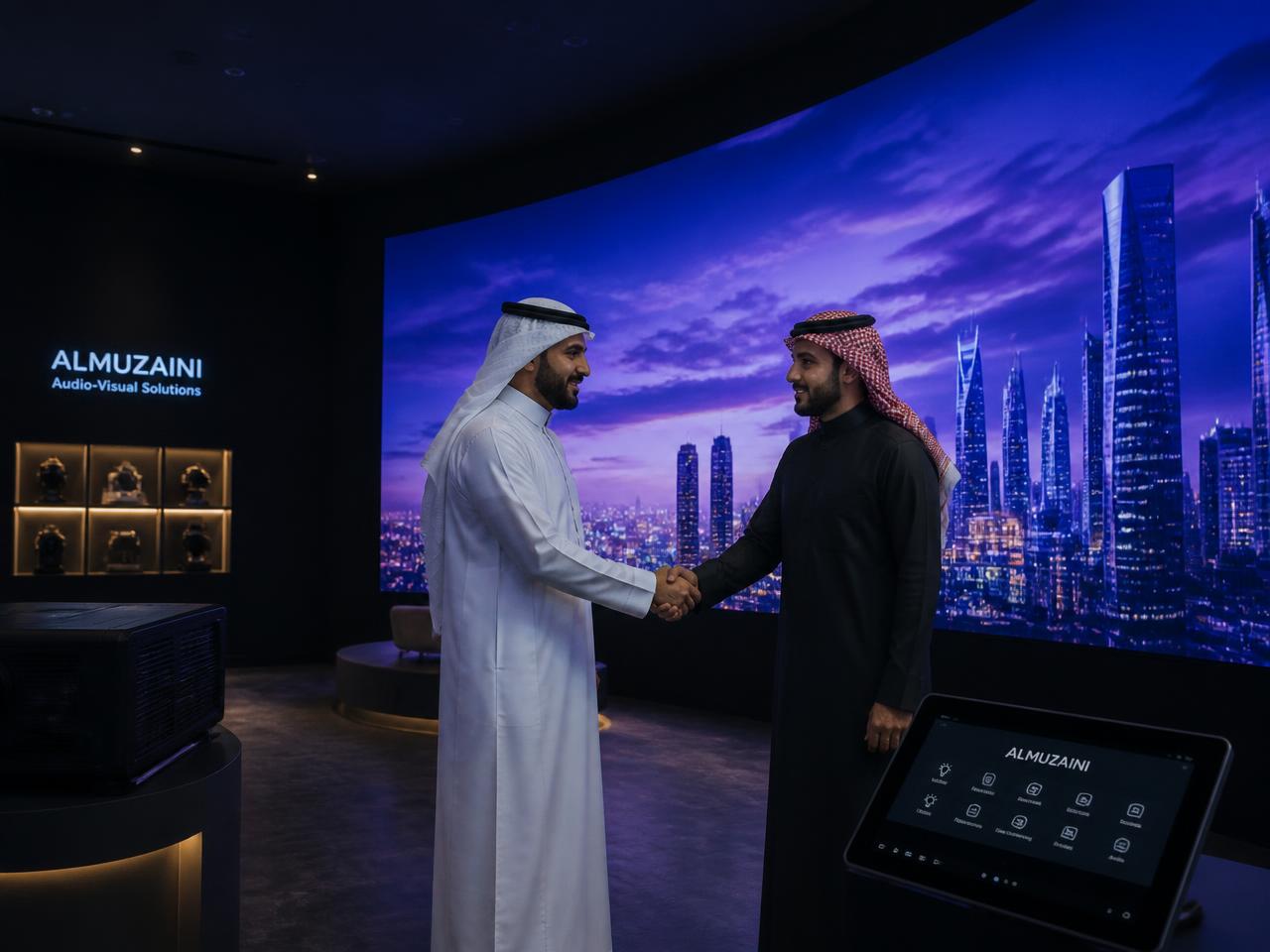 Two partners shaking hands in front of a curved LED wall in a Riyadh AV showroom