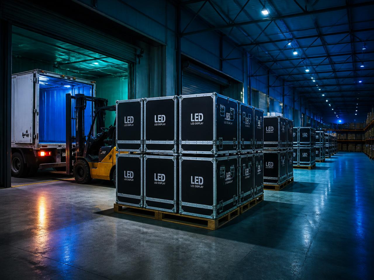 AV distribution warehouse with stacked LED cabinet flight cases ready for dispatch