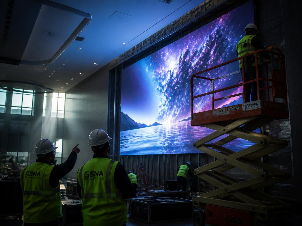 Installation crew rigging a large indoor LED video wall on site