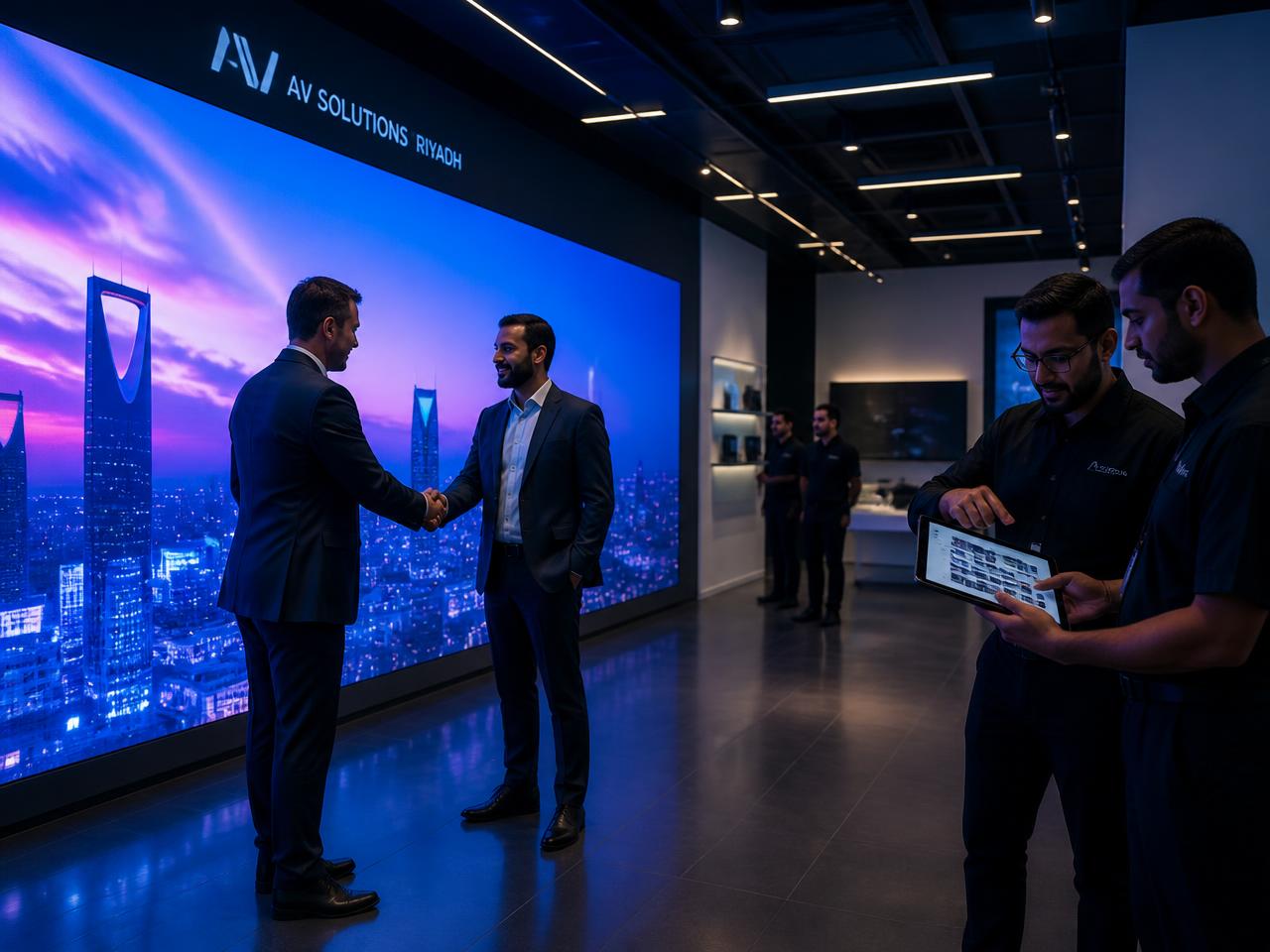 CaesarTechs partner showroom in Riyadh — system integrators reviewing an LED video wall