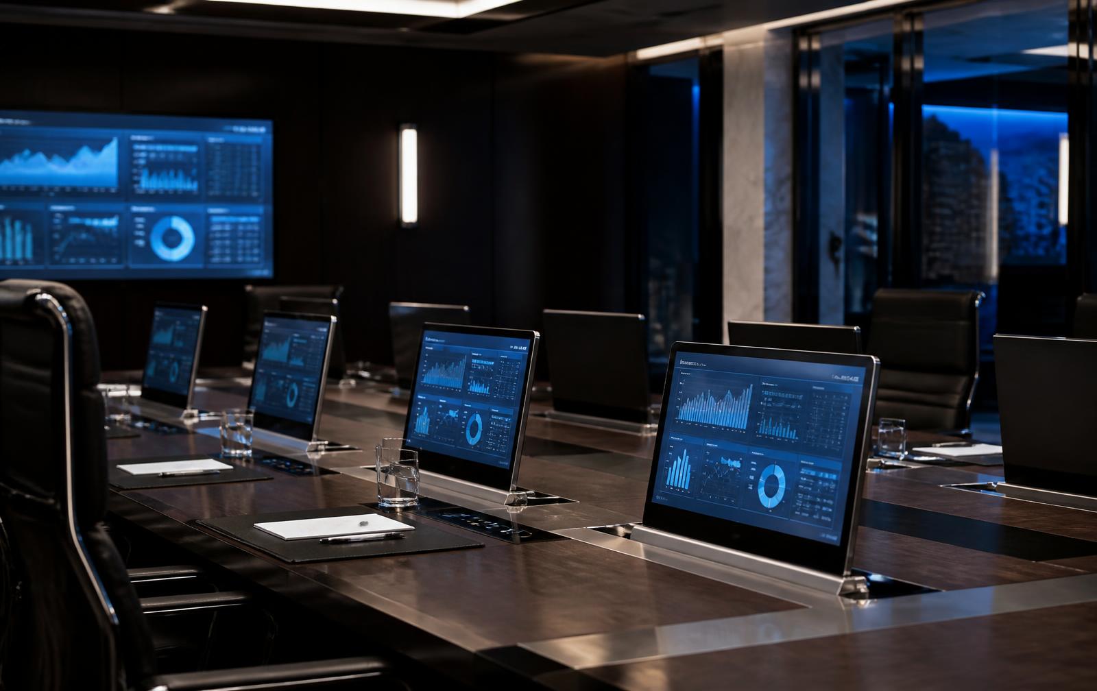 Motorized monitors fully deployed above a premium boardroom table