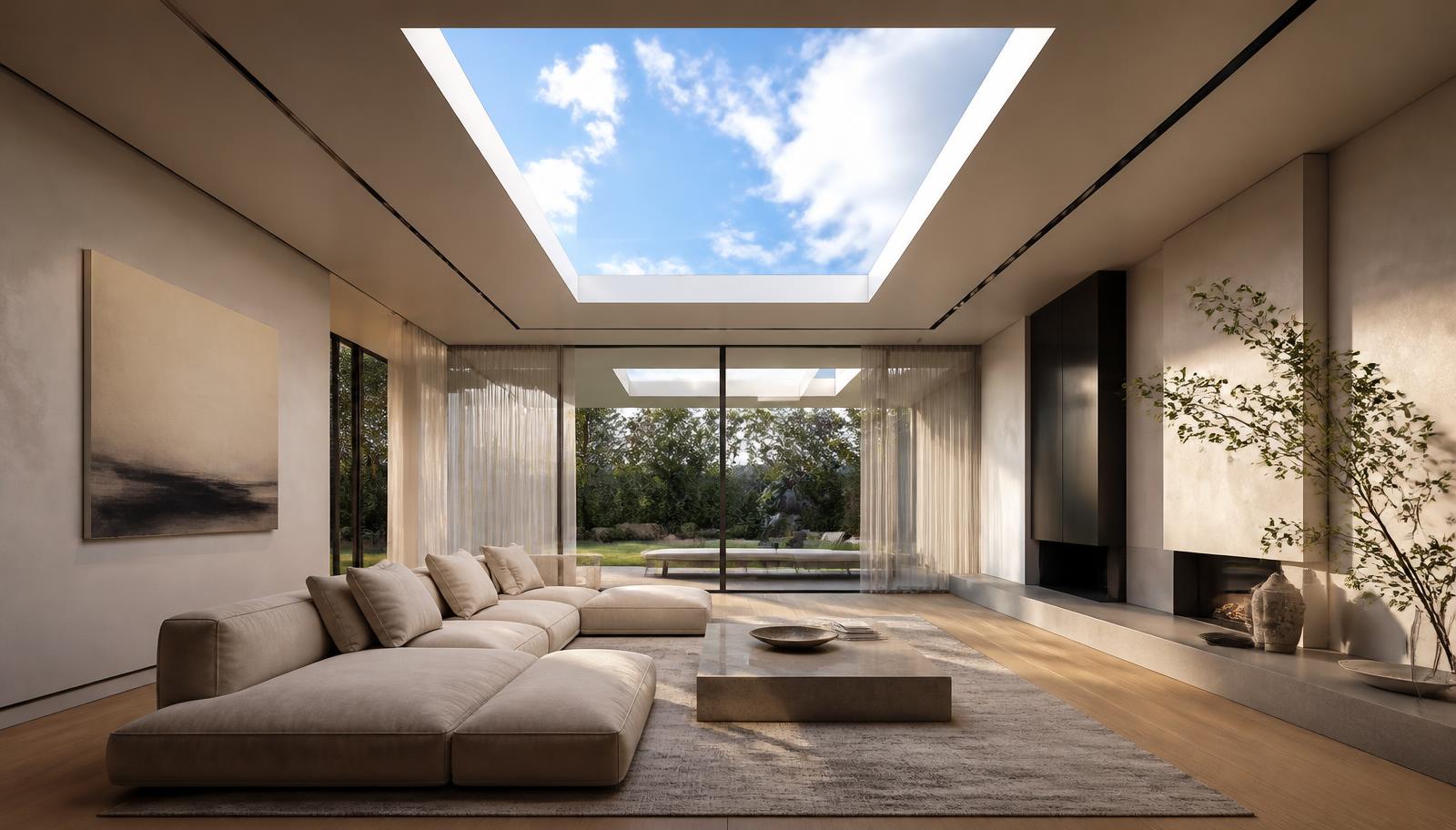 Residential living space with a recessed sky panel and magnetic track
