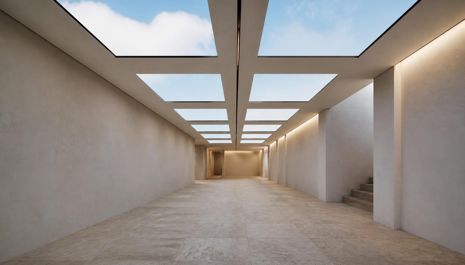 Internal corridor with no windows lit by repeating luminous sky panels