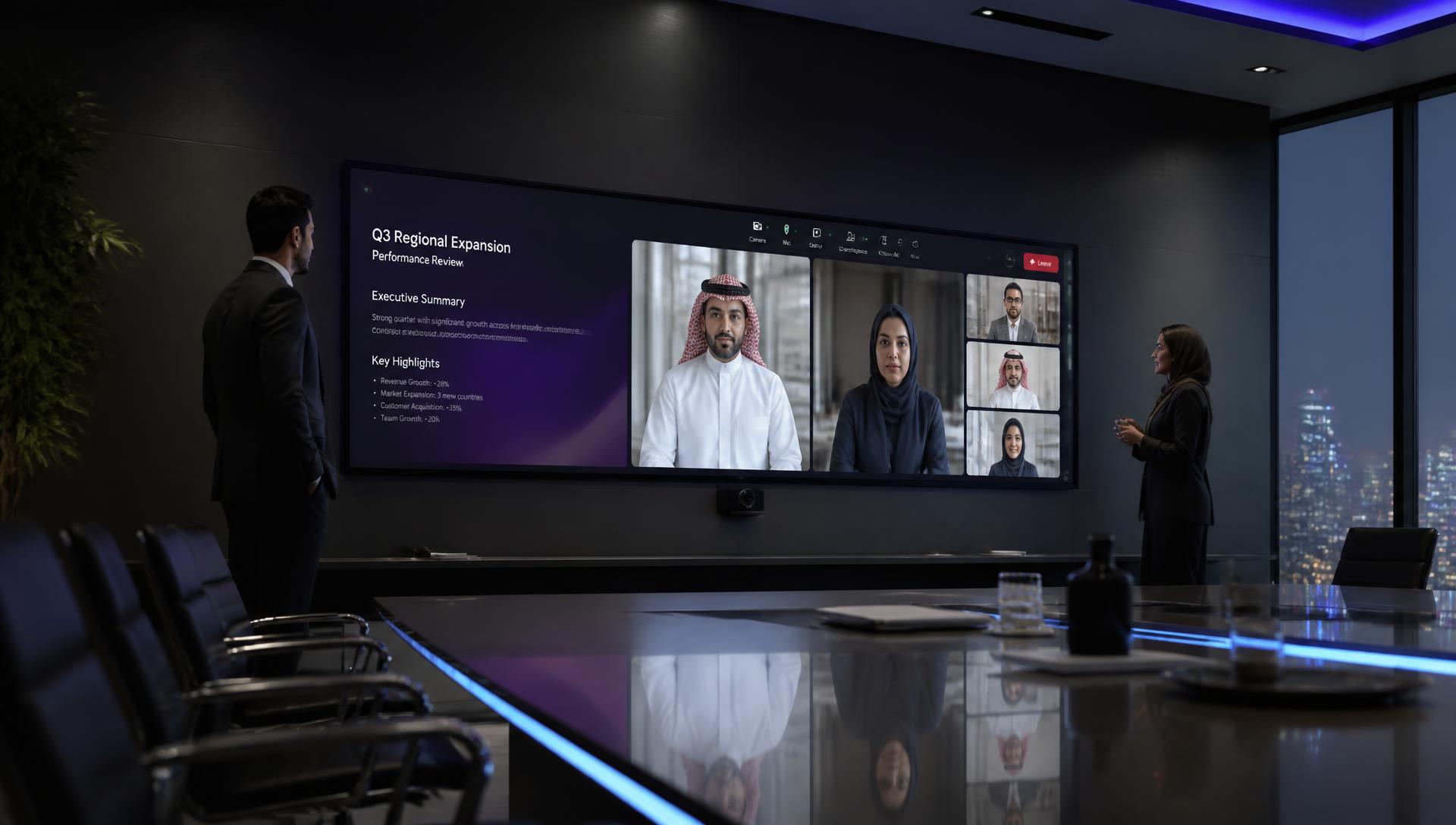 Samsung 105-inch QP105DX-5K ultra-wide professional signage display installed in a premium corporate boardroom