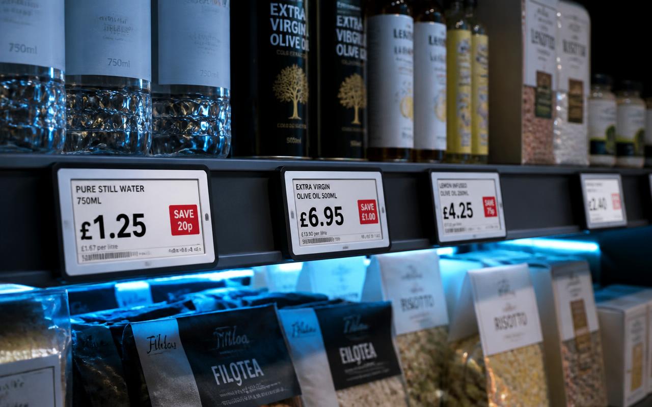 Shelf-Edge Pricing — e-paper shelf label CGI render