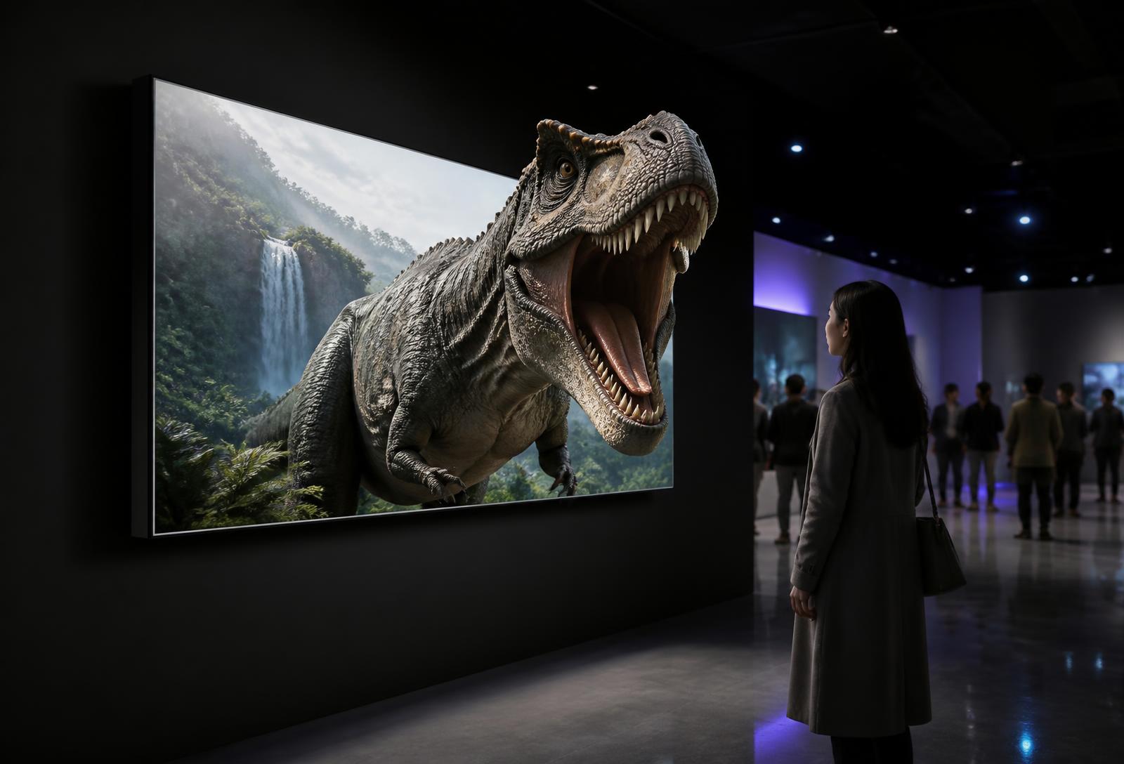Samsung Spatial Signage panel showing glasses-free 3D content to visitors in a dark premium gallery