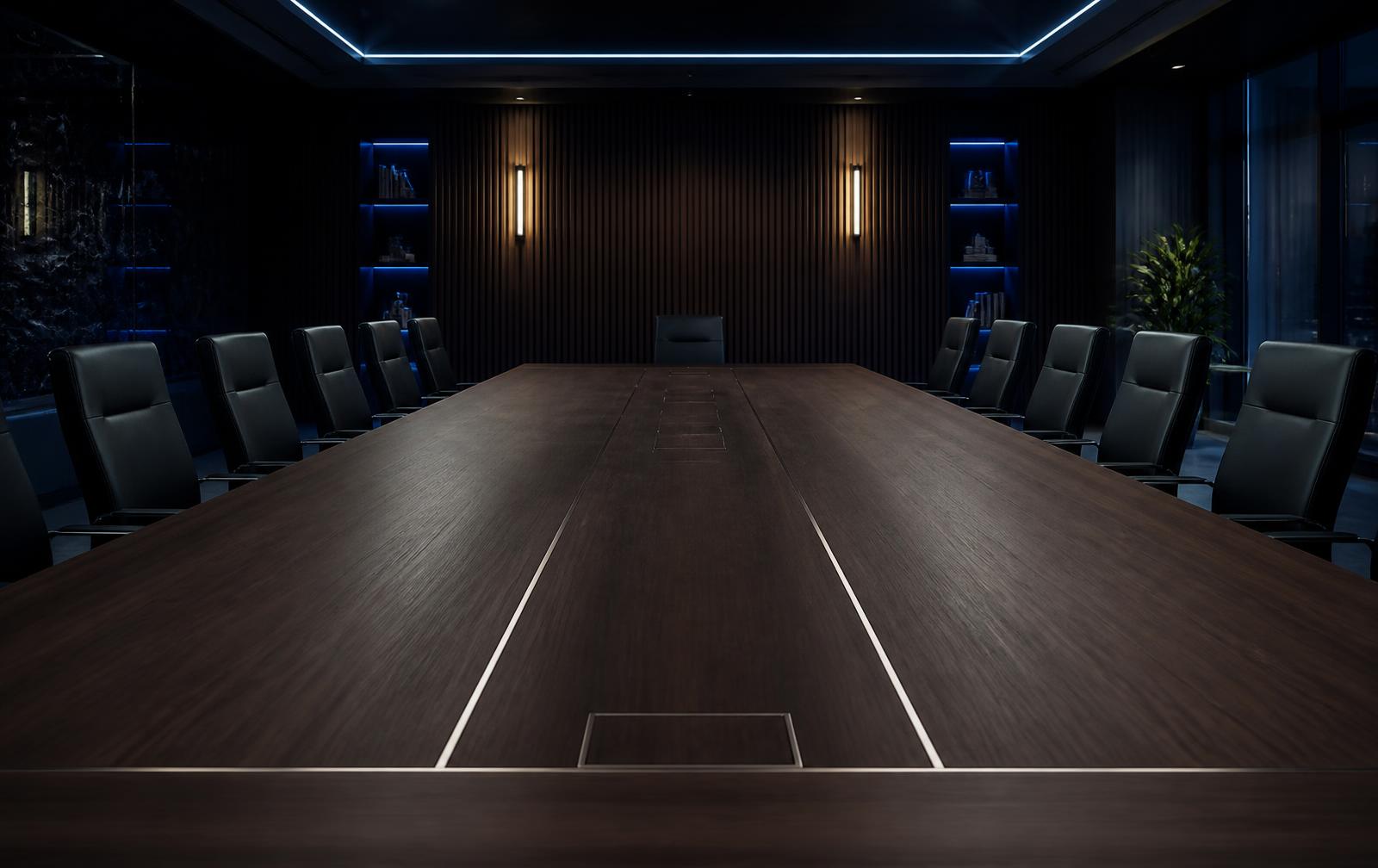 The same boardroom table with every monitor hidden below the surface