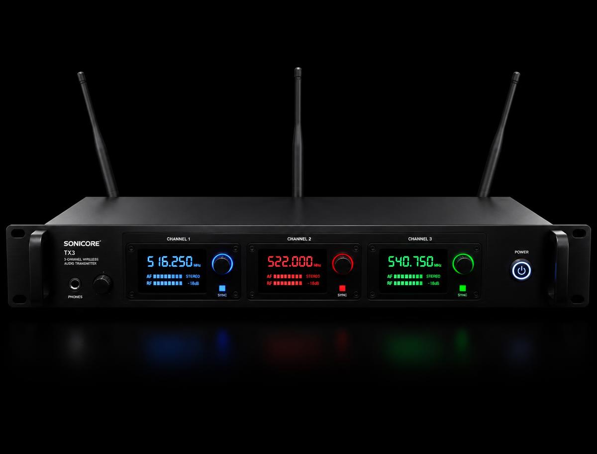 A rack-mounted multi-channel transmitter at the technical position of a night event