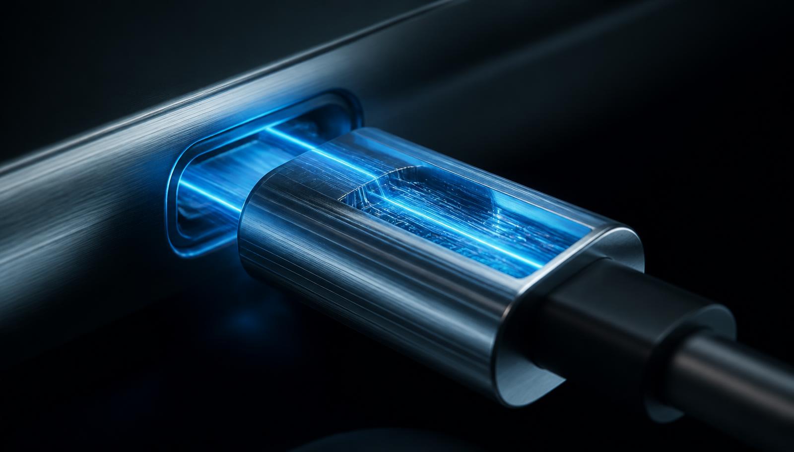 Macro render of a USB-C connector with light travelling through it