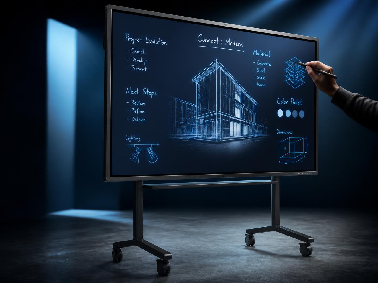 Samsung Flip Pro interactive display on a stand with handwritten notes and sketches glowing on the glass