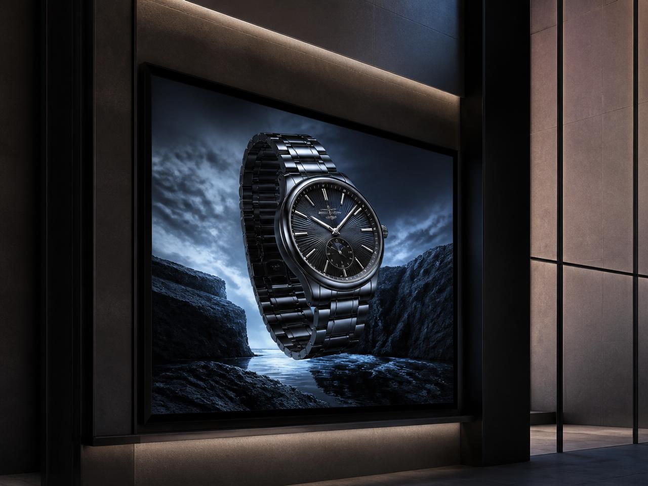 Samsung Spatial Display presenting a luxury watch with dimensional depth in a dark boutique niche